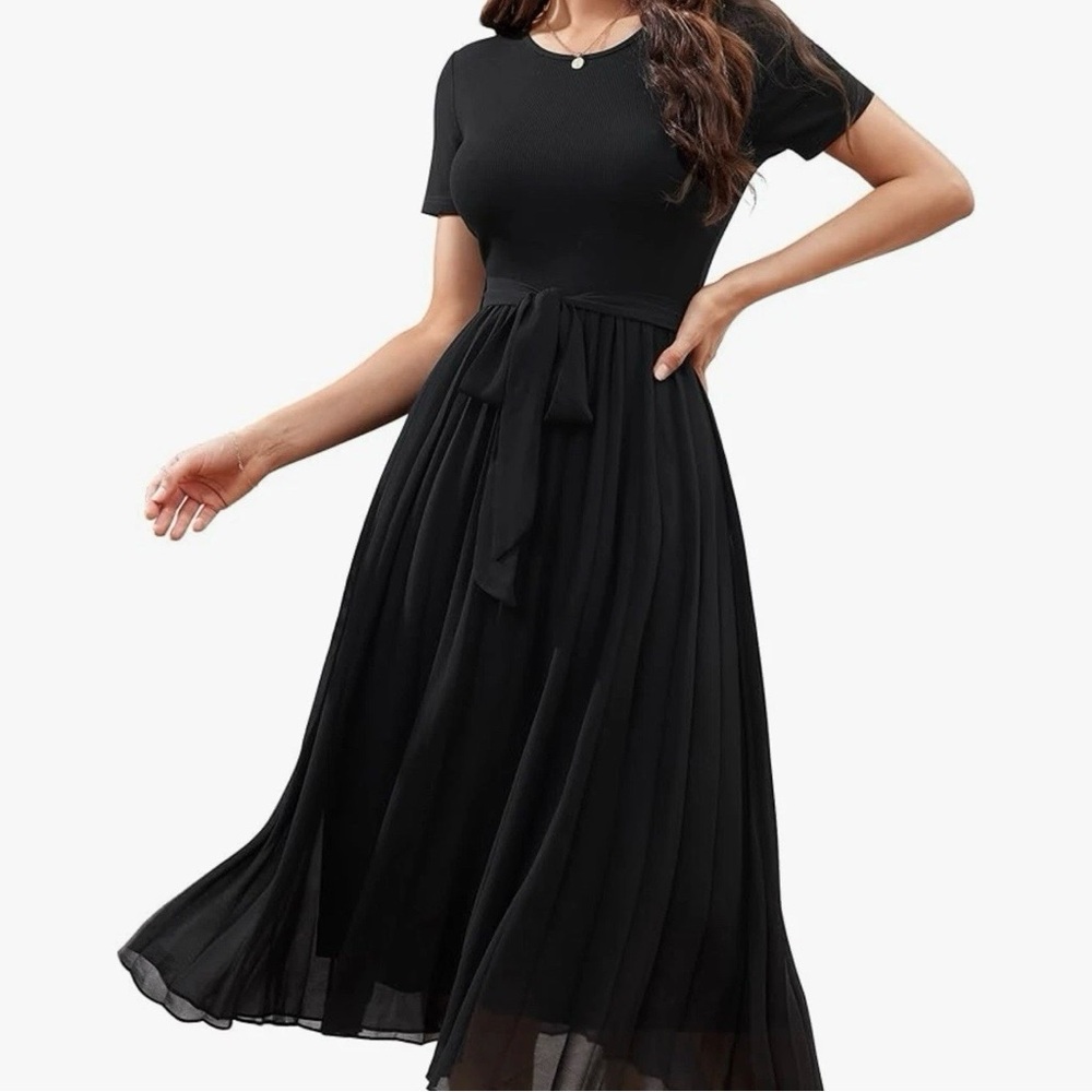 SDEER Casual Dress Ribbed Belted ALine Midi Dress Short Sleeve Pleats Womens XXL
